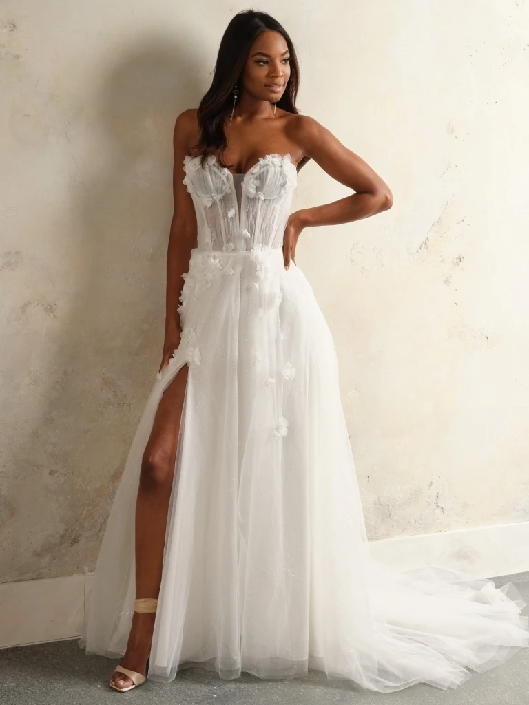 Model wearing a white gown by Rebecca Ingram