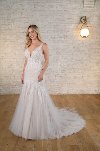 Essense of Australia #7696 #0 default (IVIV-PL) IVR LACE & TULLE OVER IVORY GOWN W PORCELAIN TULLE PLUNGE thumbnail