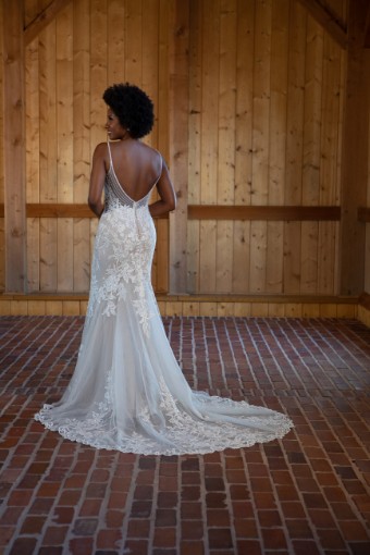 Essense of Australia #D3477 #3 (IVRM-PL) Ivory Lace & Tulle over Rum Gown w Porcelain Tulle Plunge thumbnail