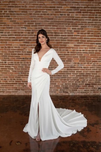 Essense of Australia #D3802 - Long Sleeves #0 default (IV-PL) Ivory Gown w Porcelain Tulle Plunge thumbnail