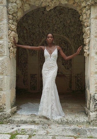 Martina Liana #1713 #0 default (IVRM-PL) Ivory Lace & Tulle over Rum Gown w Porcelain Tulle Plunge thumbnail