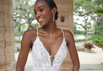 Martina Liana #1713 #2 default (IVRM-PL) Ivory Lace & Tulle over Rum Gown w Porcelain Tulle Plunge thumbnail